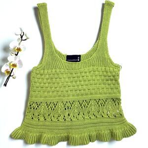 Broadway 38 L Lime Green Knit Tank Top‎ Ruffled Cottage Farmcore Nature Boho Y2K